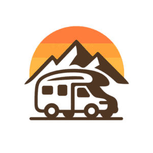 Camping van parked in front of mountains during sunset, emphasizing outdoor adventure and nature exploration.